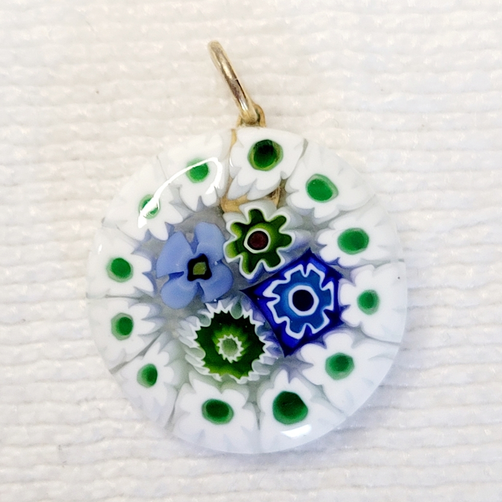 Millefiori Art Glass Pendant Blue Green White Flowers .75" Diameter + 20" Chain